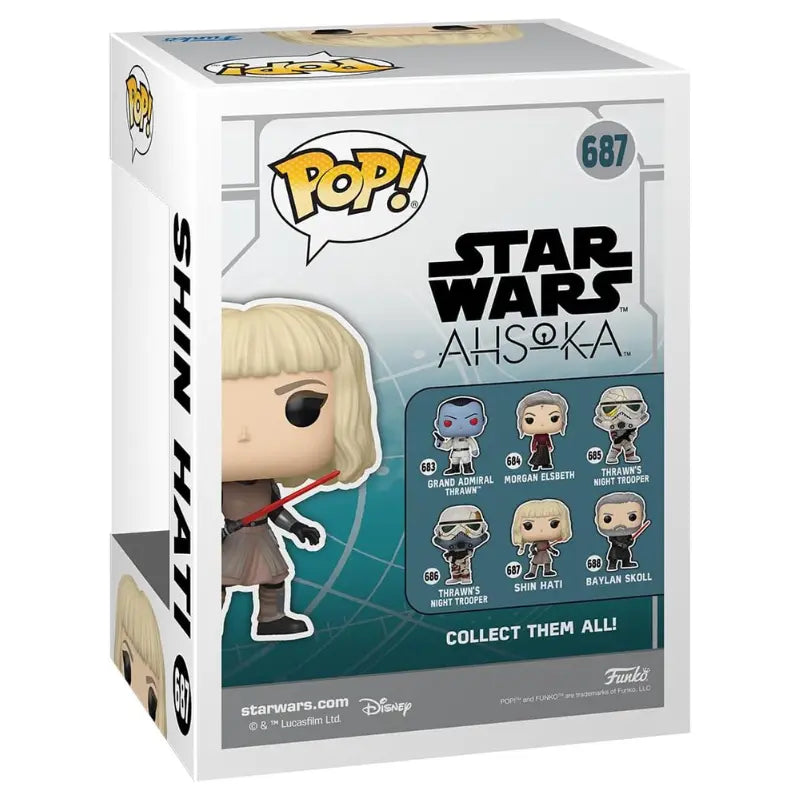 Back view of Funko Pop! Star Wars Ahsoka Shin Hati #687 packaging with other figures in the series.