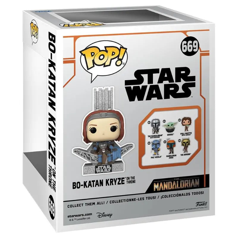 Back of Funko Pop! Star Wars #669 Bo-Katan Kryze on the Throne window box, showing the figure on a display and "Collect Them All!" line.