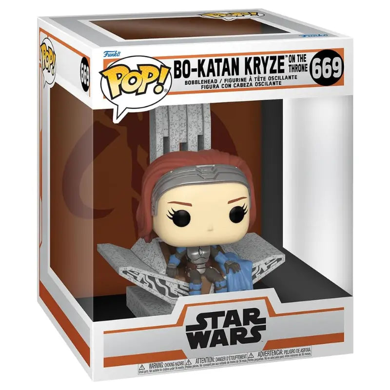 Front view of the Funko Pop! Star Wars #669 Bo-Katan Kryze on the Throne window box packaging, featuring a clear view of the figure inside.