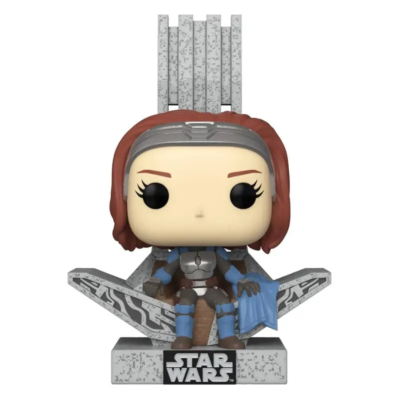 Detailed front view of the Funko Pop! Star Wars Bo-Katan Kryze vinyl bobblehead seated on the Mandalorian throne base.
