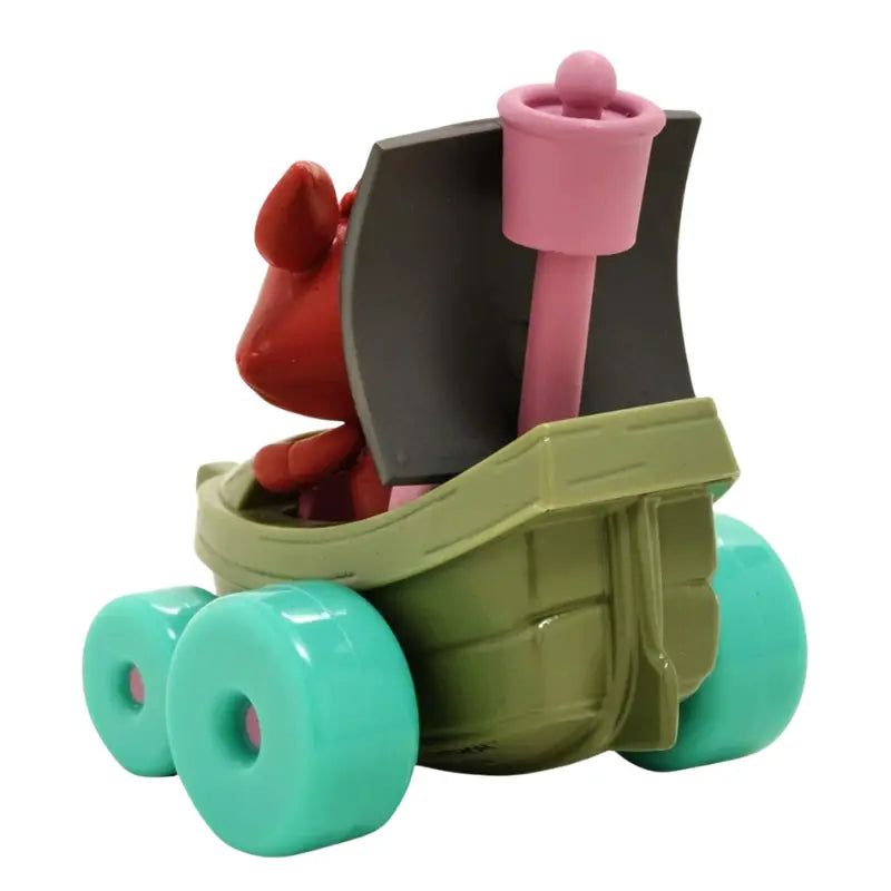 Rear view of Foxy the Pirate diecast vehicle showing teal wheels and pink mast.