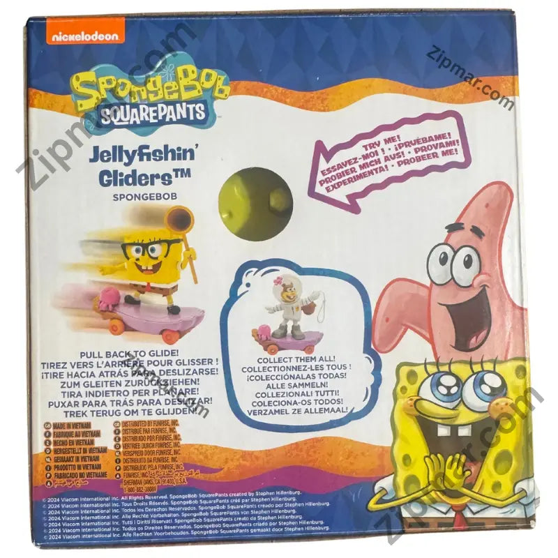 Back of Funrise SpongeBob Jellyfishin Gliders box with pull back to glide, Sandy Cheeks glider and Made in Vietnam