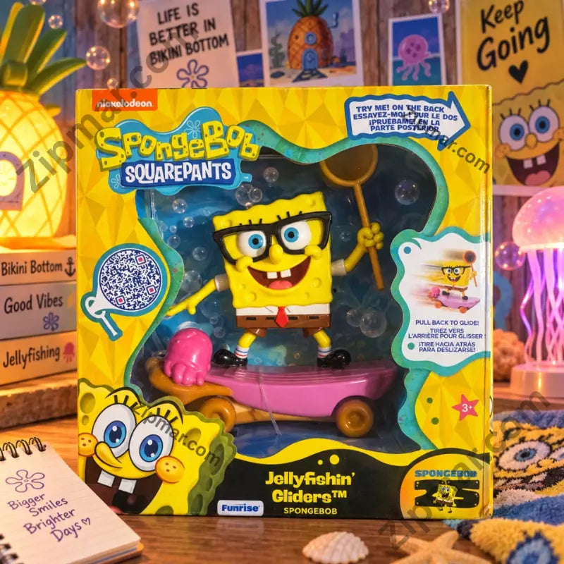 Funrise SpongeBob SquarePants Jellyfishin Gliders box with SpongeBob in glasses on pink jellyfish skateboard