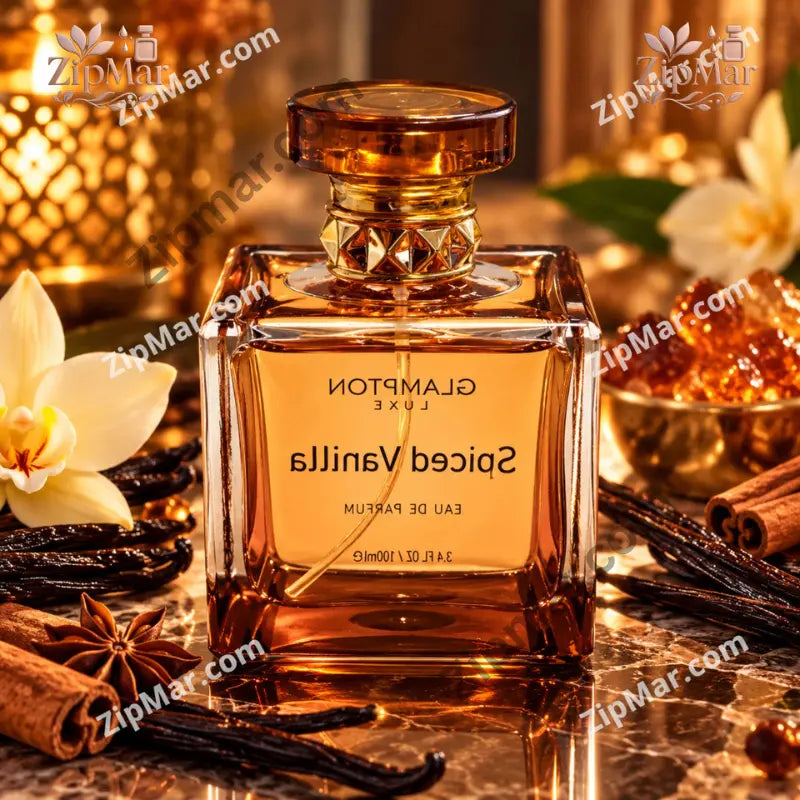 Mirrored reflection view of Glampton Luxe Spiced Vanilla Eau de Parfum bottle displayed with spice garnishes