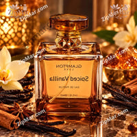 Thumbnail for Mirrored reflection view of Glampton Luxe Spiced Vanilla Eau de Parfum bottle displayed with spice garnishes