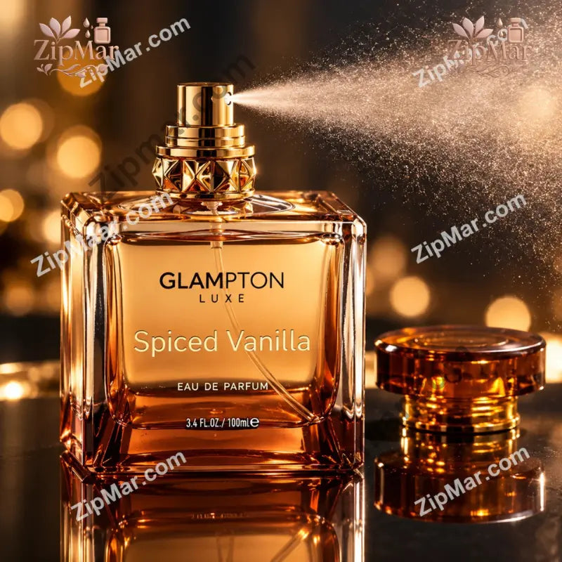 Glampton Luxe Spiced Vanilla Eau de Parfum bottle with mist spraying and amber cap removed