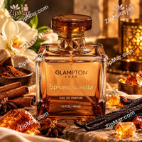 Thumbnail for Front view of Glampton Luxe Spiced Vanilla Eau de Parfum 3.4 fl oz amber glass bottle with vanilla beans and cinnamon sticks
