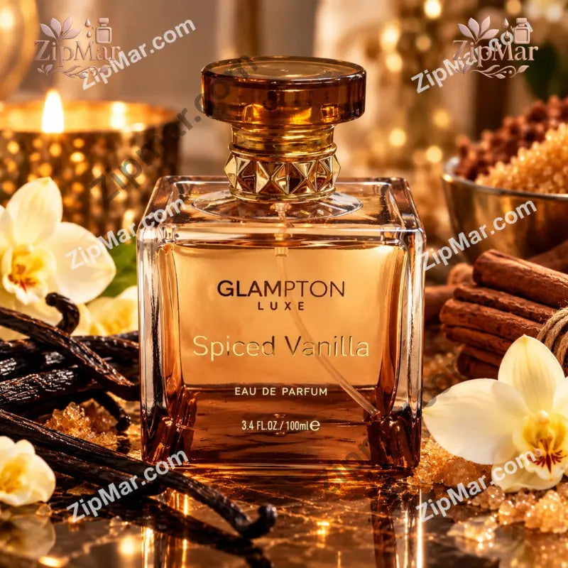 Glampton Luxe Spiced Vanilla Eau de Parfum bottle surrounded by star anise, cinnamon, and vanilla flowers