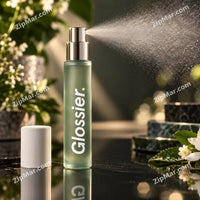 Thumbnail for Glossier frosted green spray bottle with silver atomizer spraying a fine mist beside a white ribbed cap