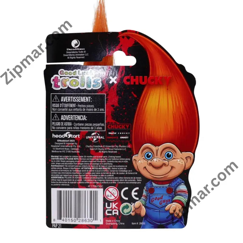 Back of Good Luck Trolls x Chucky card with warnings, Headstart address, Made in China and barcode