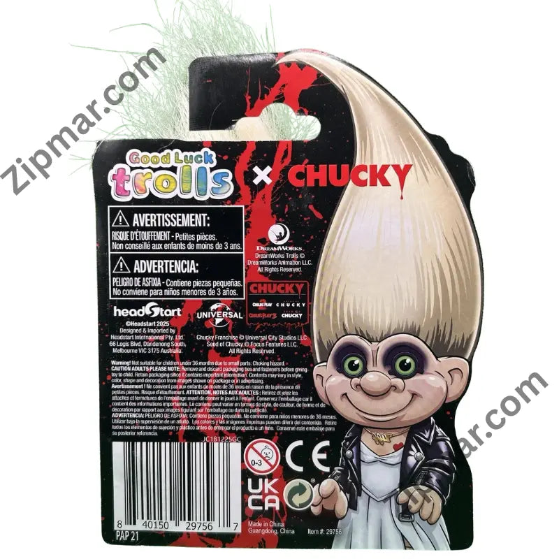 Back of Good Luck Trolls x Chucky card with warnings, Headstart address, Made in China and barcode