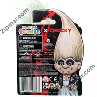 Thumbnail for Back of Good Luck Trolls x Chucky card with warnings, Headstart address, Made in China and barcode