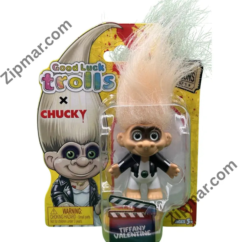 Carded Good Luck Trolls x Chucky Tiffany Valentine troll doll with blonde hair, leather jacket and white dress