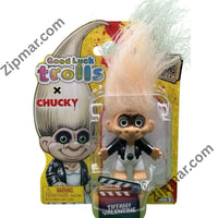 Thumbnail for Carded Good Luck Trolls x Chucky Tiffany Valentine troll doll with blonde hair, leather jacket and white dress