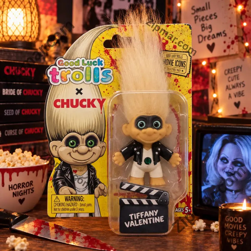 Good Luck Trolls Tiffany Valentine carded troll in a horror movie themed display