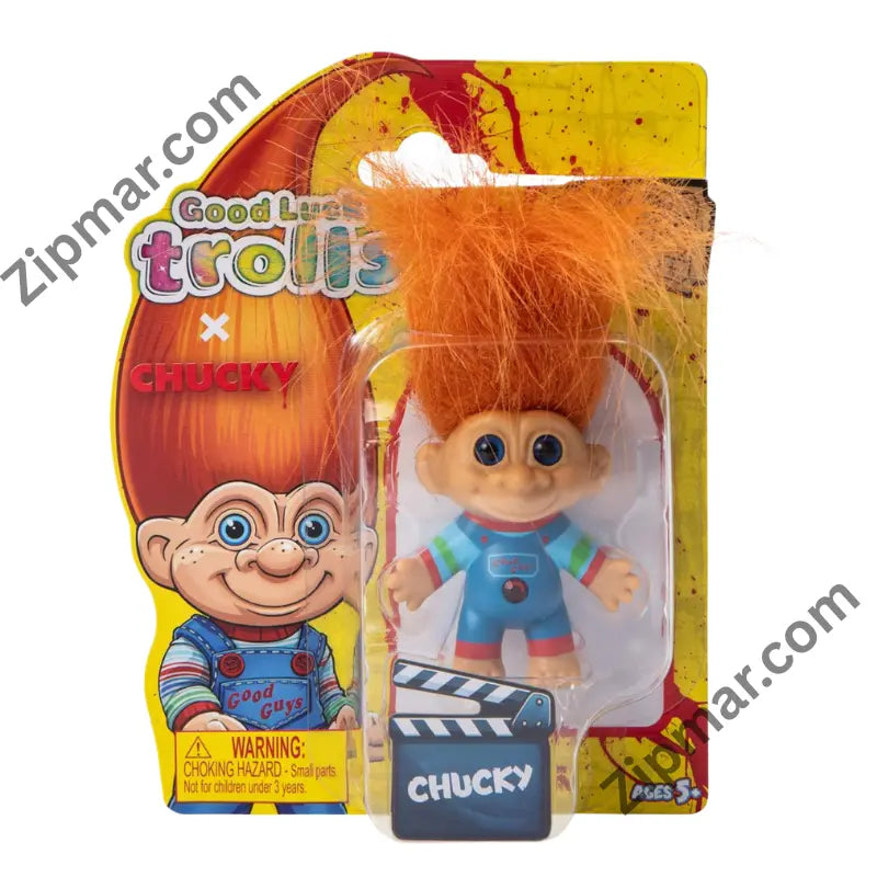 Carded Good Luck Trolls x Chucky troll doll on yellow packaging with clapboard label