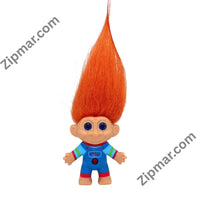 Thumbnail for Chucky troll doll with tall orange hair, blue eyes and blue Good Guys outfit with red jewel