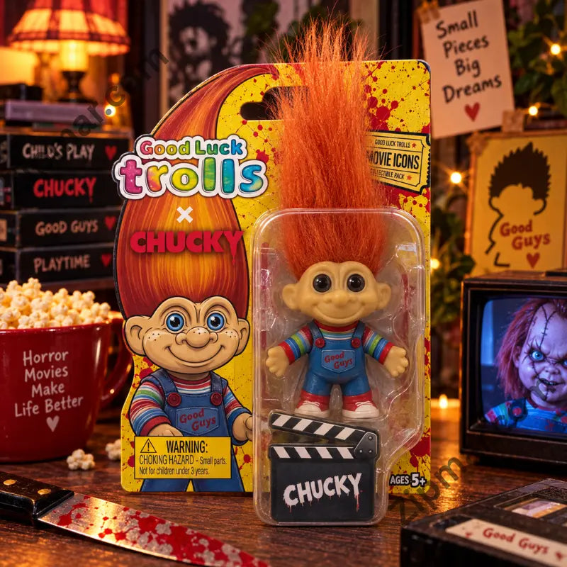 Good Luck Trolls x Chucky carded troll in a horror movie themed display