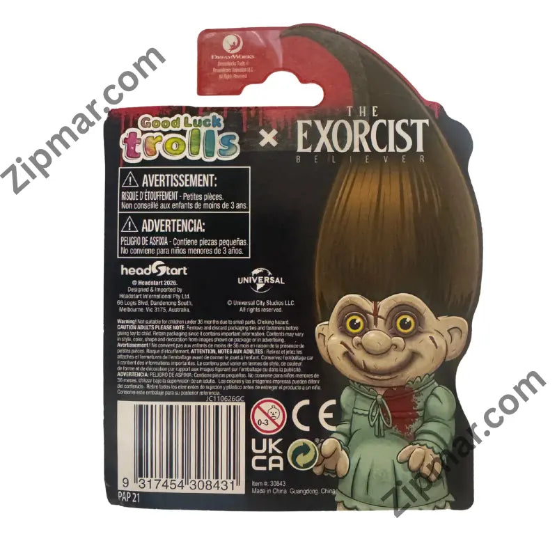 Back of Good Luck Trolls x The Exorcist Believer card with warnings, Headstart address, Made in China and barcode