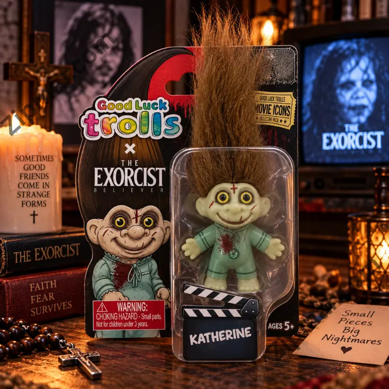 Good Luck Trolls Katherine troll carded in a horror movie themed display