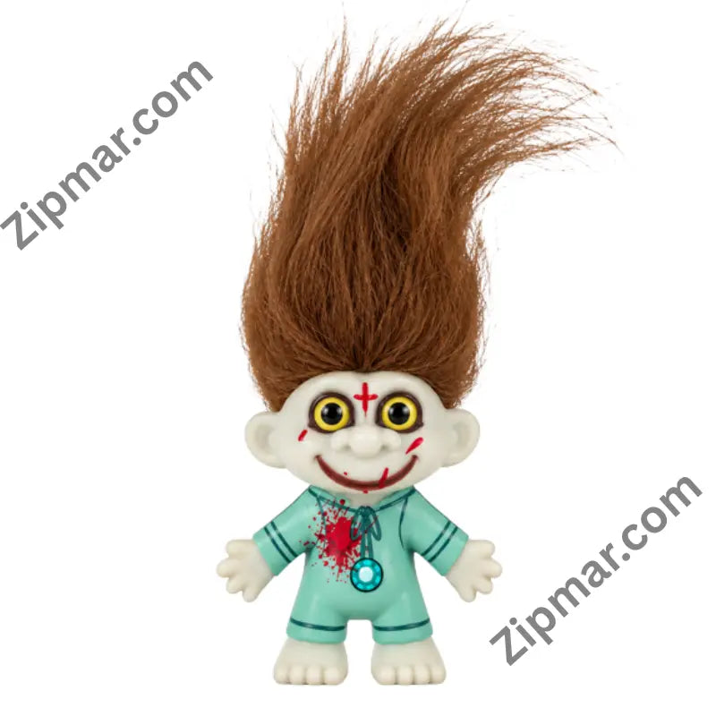 Katherine troll doll with brown hair, yellow eyes, red cross mark and mint green gown with blood splatter