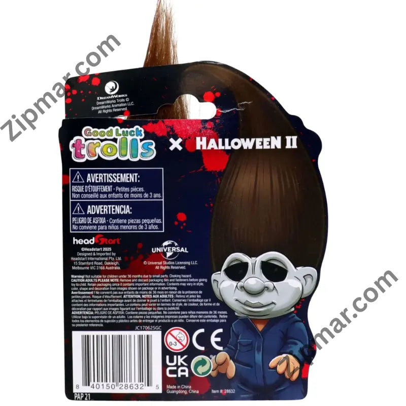 Back of Good Luck Trolls x Halloween II card with warnings, Headstart address, Made in China and barcode