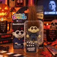 Thumbnail for Good Luck Trolls x Halloween II Michael Myers troll on card with tall brown hair and clapboard label