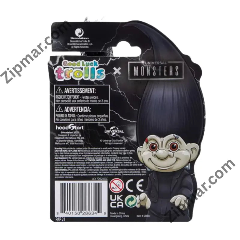 Back of Good Luck Trolls x Universal Monsters card with warnings, Headstart address, Made in China and barcode