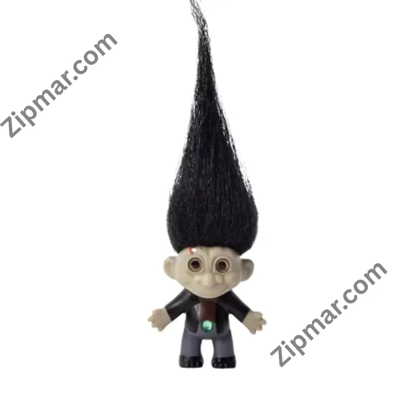 Good Luck Trolls Frankenstein’s Monster doll with tall black hair, pale face and green jewel