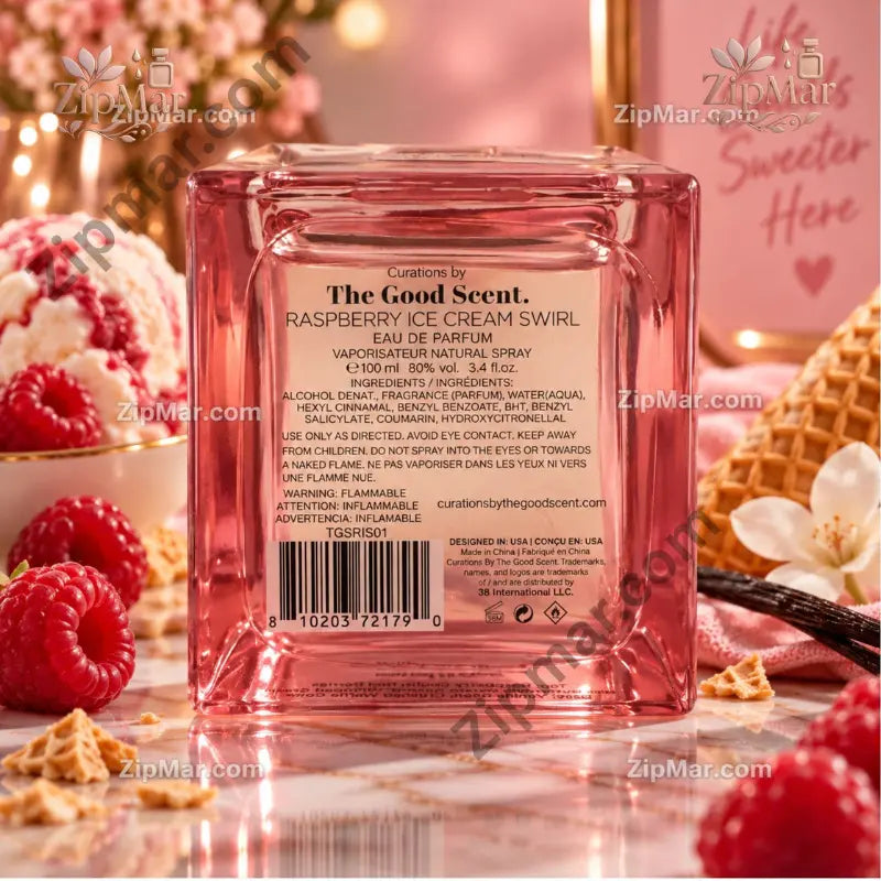 “Curations By The Good Scent Raspberry Ice Cream Swirl eau de parfum back label with ingredients and barcode”