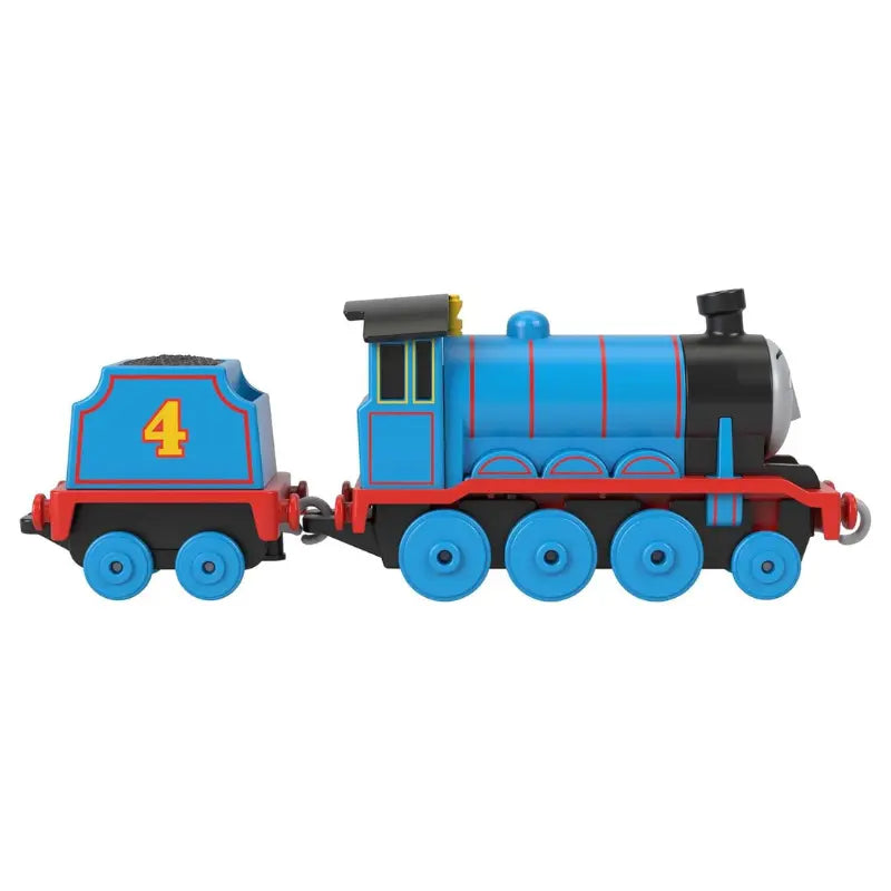 Side profile of the Thomas & Friends Gordon blue diecast metal engine with number 4 tender.