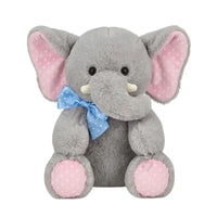 Thumbnail for Gray elephant plush toy sitting with pink polka dot ears and feet, white tusks and a blue polka dot bow