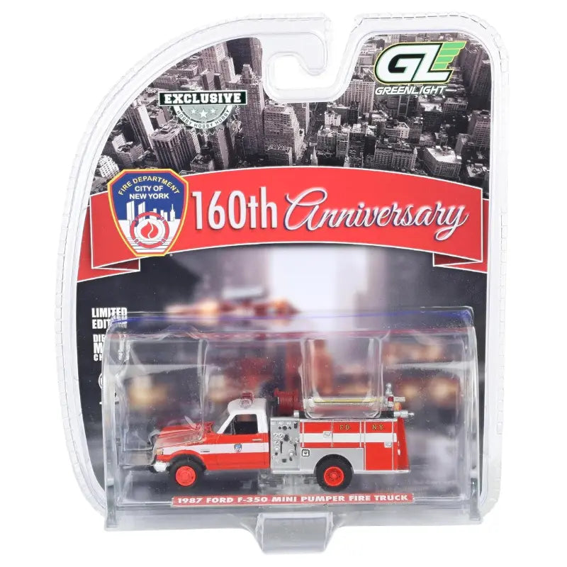 GreenLight 1:64 scale FDNY 160th Anniversary 1987 Ford F-350 Mini Pumper in original blister packaging.