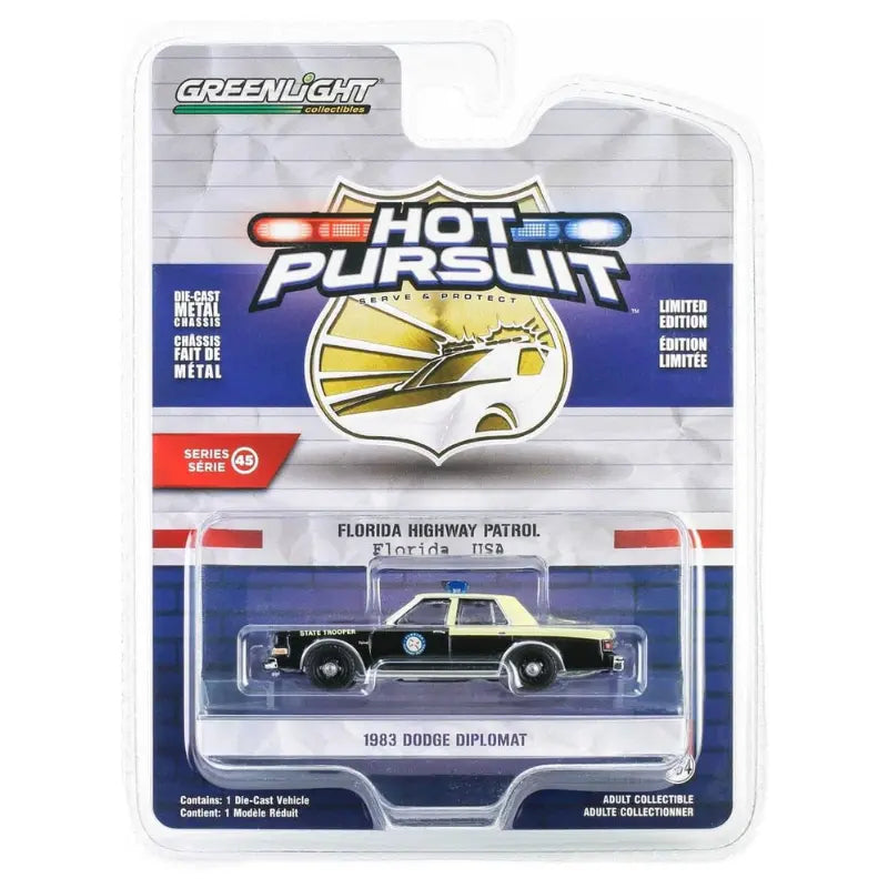GreenLight Hot Pursuit series packaging showing the 1:64 Florida Highway Patrol 1983 Dodge Diplomat collectible.
