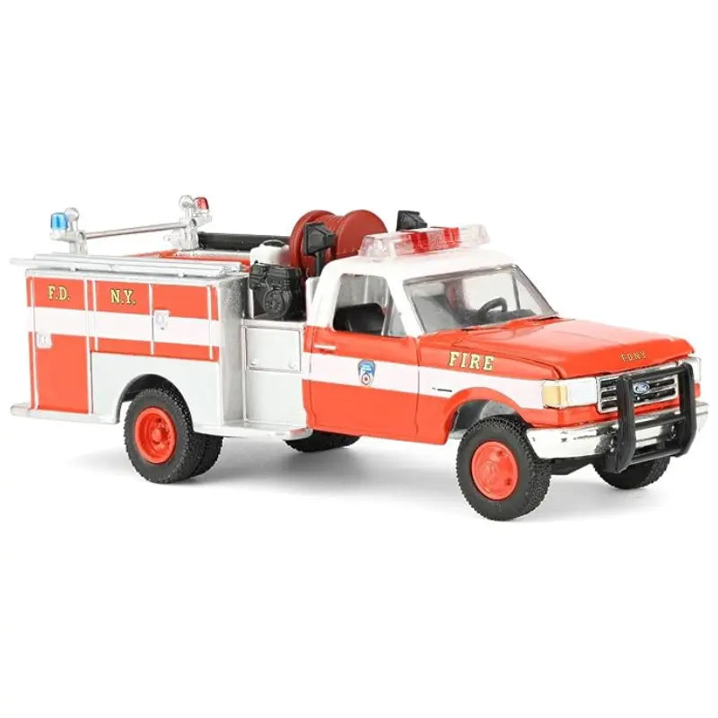 Front perspective of the 1987 Ford F-350 FDNY Mini Pumper diecast with chrome brush guard.