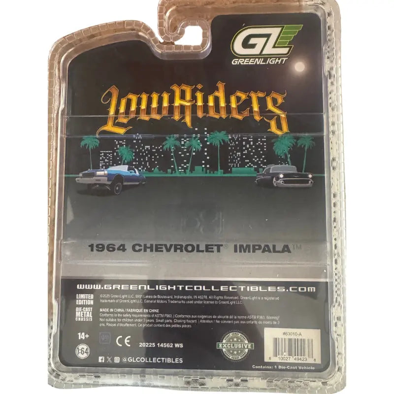 Greenlight Lowriders 1964 Chevrolet Impala diecast car packaging back panel detail