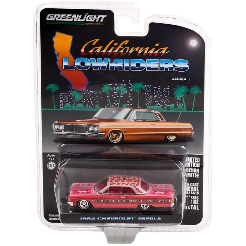 Greenlight California Lowriders 1964 Chevrolet Impala pink floral diecast car packaging front
