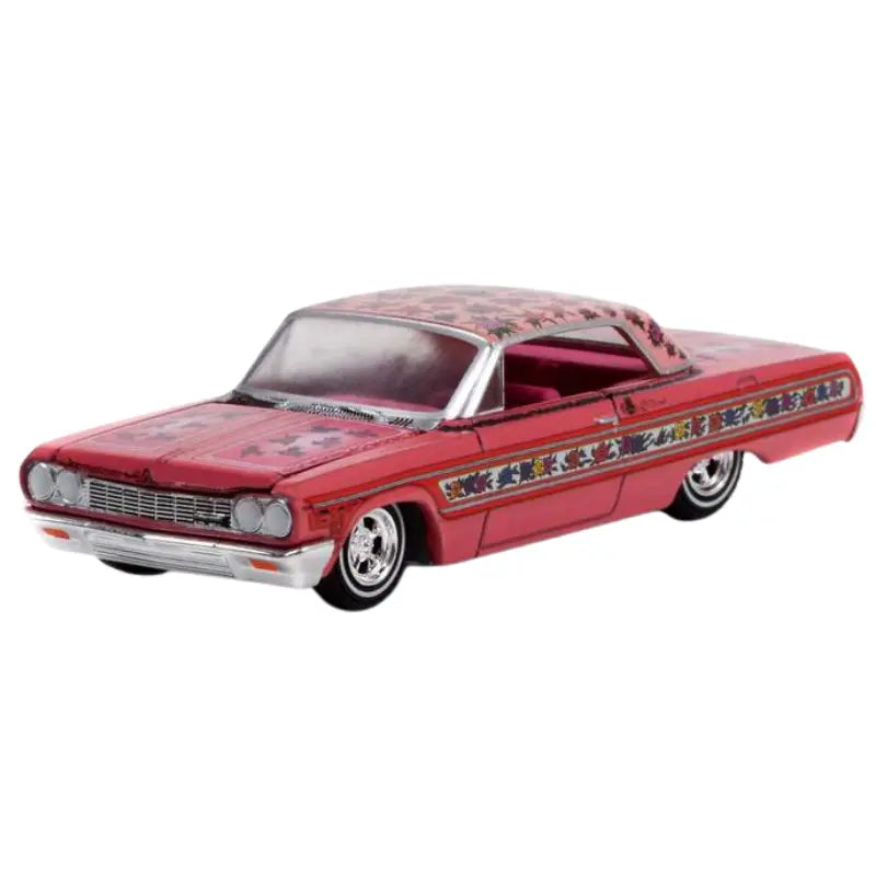 1964 Chevrolet Impala pink floral lowrider 1:64 diecast car front angle view