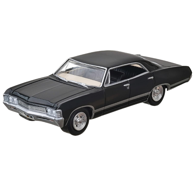 Angled front view of the black 1967 Chevrolet Impala Sport Sedan 1:64 scale diecast car showing chrome trim and rubber tires.