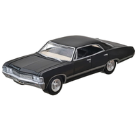 Thumbnail for Angled front view of the black 1967 Chevrolet Impala Sport Sedan 1:64 scale diecast car showing chrome trim and rubber tires.