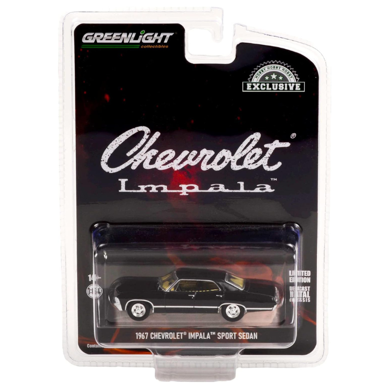 GreenLight 1:64 scale 1967 Chevrolet Impala Sport Sedan diecast car in Hobby Exclusive blister pack packaging.
