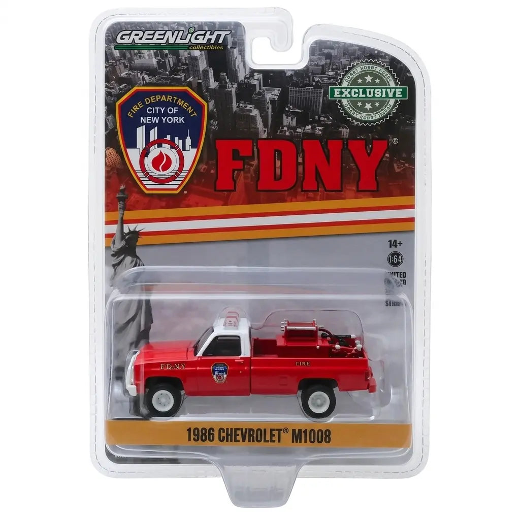 Greenlight FDNY 1986 Chevrolet M1008 fire truck red white hobby exclusive 1:64 diecast blister pack front