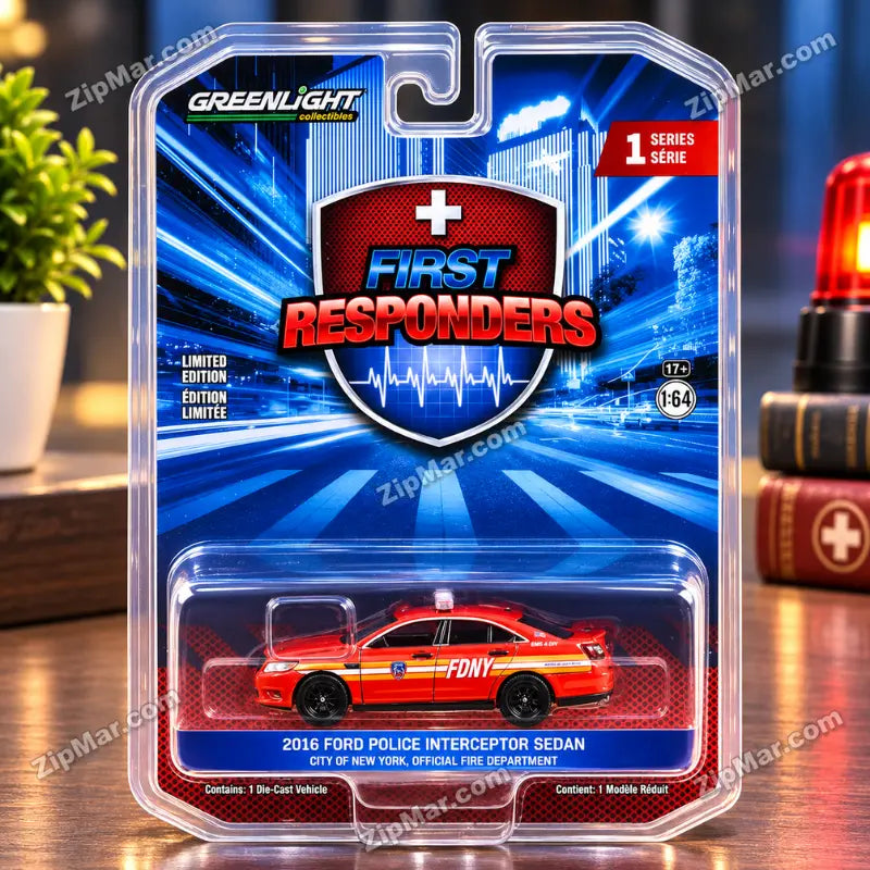 Greenlight First Responders Series 1 card with 2016 Ford Police Interceptor Sedan City of New York Official Fire Department