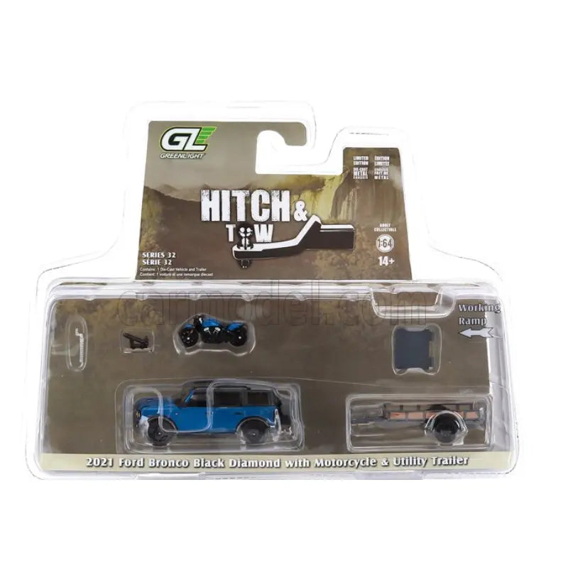 GreenLight Hitch and Tow Series 32 packaging featuring 2021 Ford Bronco, motorcycle, and trailer