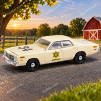 Thumbnail for Cream 1977 Plymouth Fury Hazzard County Sheriff 1:64 diecast car with gold star door badge and number 34 on hood