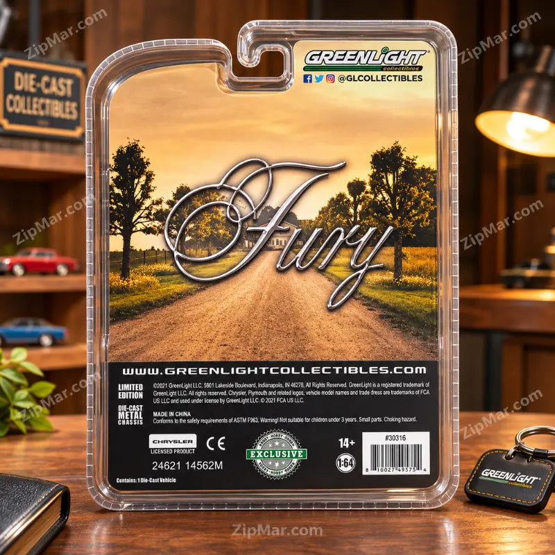 Greenlight Exclusive 1977 Plymouth Fury card back with item 30316, 1:64 scale, 14+ age, Made in China and barcode
