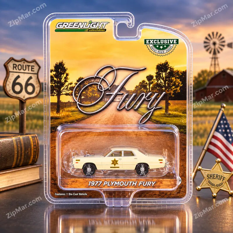 Greenlight Exclusive 1977 Plymouth Fury Hazzard County Sheriff diecast car sealed in blister card, front view
