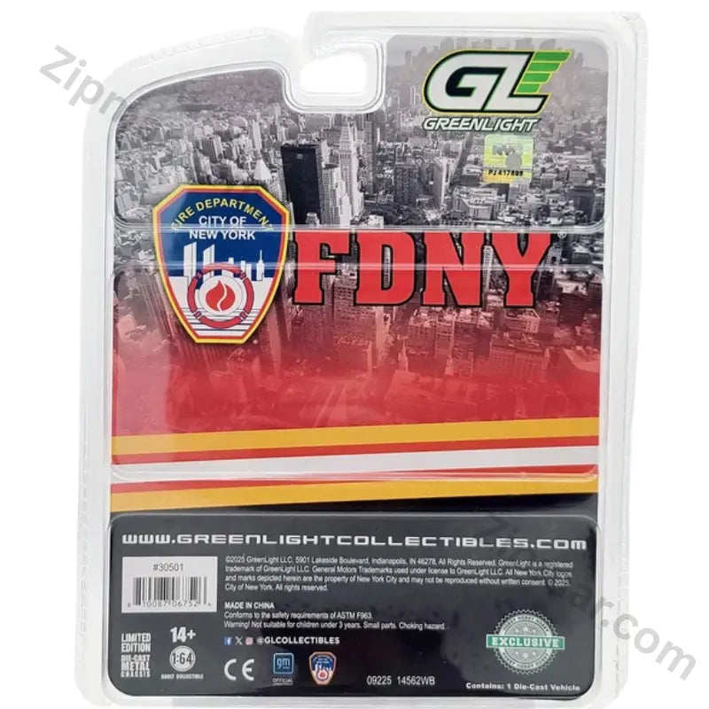 Greenlight FDNY card back with item 30501, 1:64 scale, 14+ age, Made in China and barcode