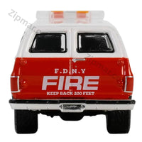Thumbnail for Rear view of Greenlight FDNY Suburban diecast car with F.D.N.Y. FIRE and KEEP BACK 200 FEET lettering