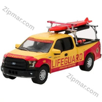 Thumbnail for Greenlight 2016 Ford F150 Emerald Bay Beach Patrol 1:64 diecast truck front view with light bar, red surfboard and rescue buoy